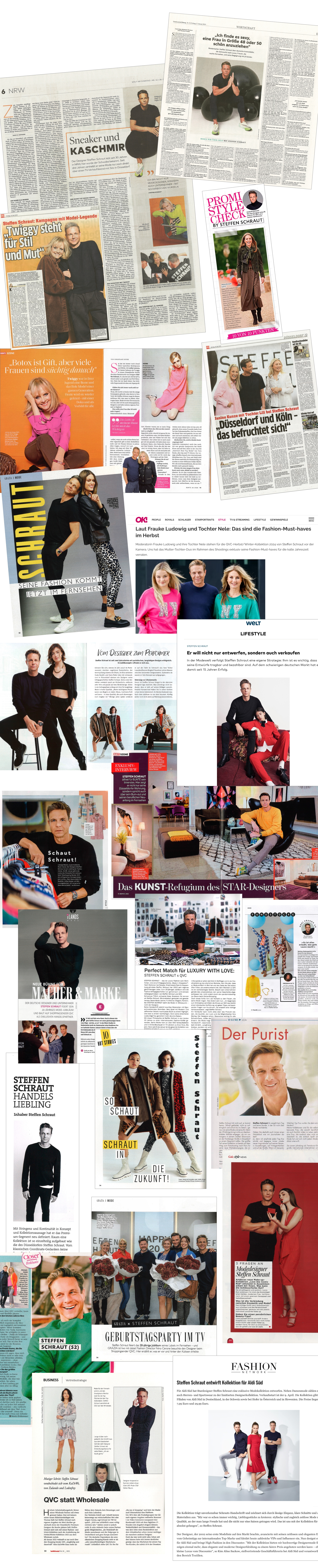 Collage von Artikeln über Steffen Schraut in verschiedenen Magazinen und Medien, die seinen Mode-Stil, seine Kollektionen und sein Design-Atelier präsentieren.