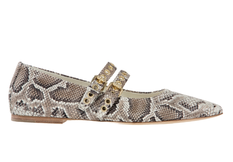 Flat ballerina shoe with reptile embossing in natural tones and double straps with gold-toned details by KENNEL & SCHMENGER.